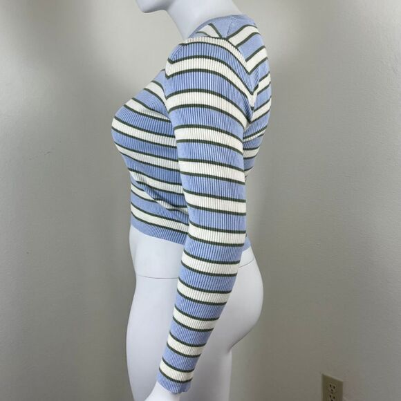 Zara Womens Size XL Blue Ribbed Striped Cropped Pullover NEW Crewneck Sweatshirt - Picture 13 of 16